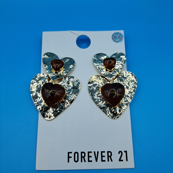 Forever 21 Jewelry - Forever 21 Gold and Brown Textured Heart Earrings